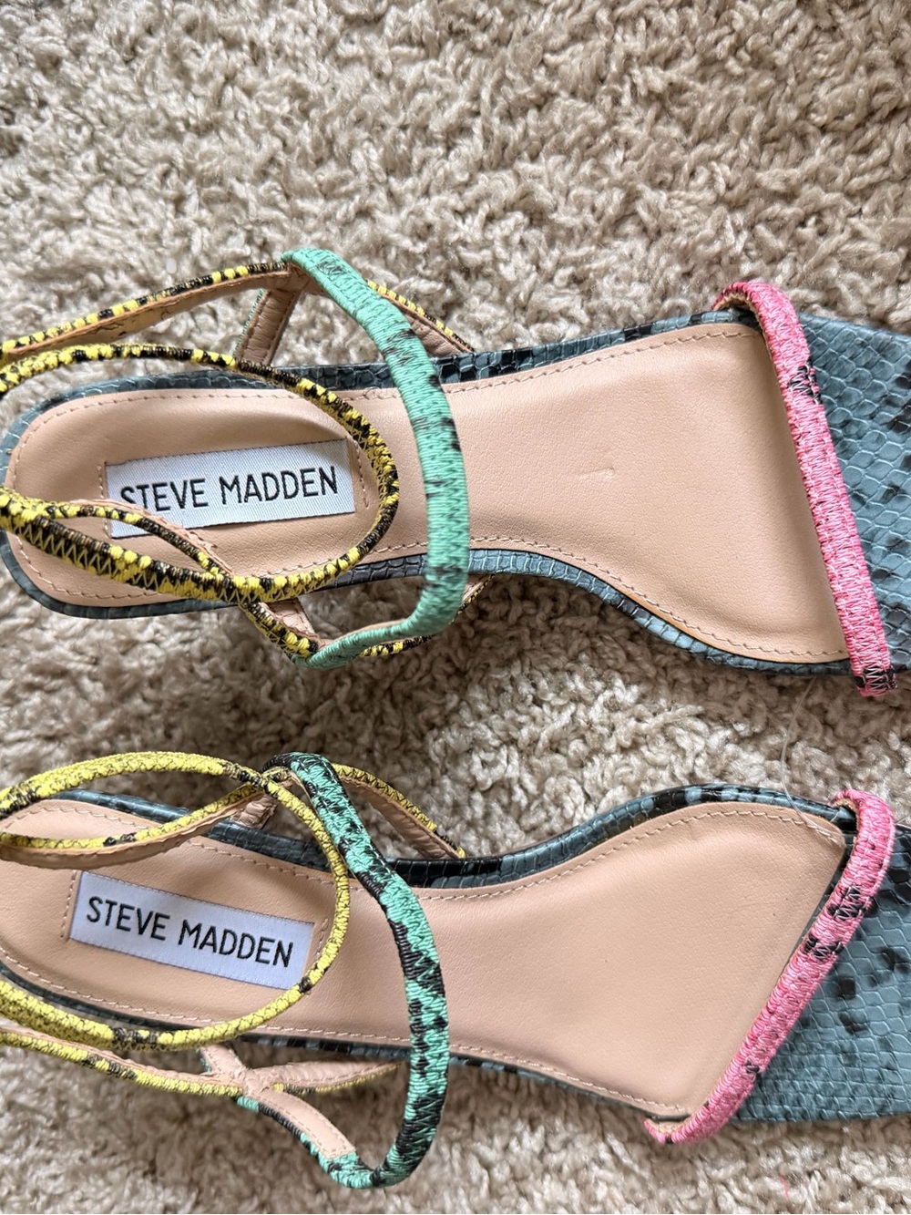 Steve Madden Multicolor Snake-Print Strappy Sandals - Pink, Mint, Yellow